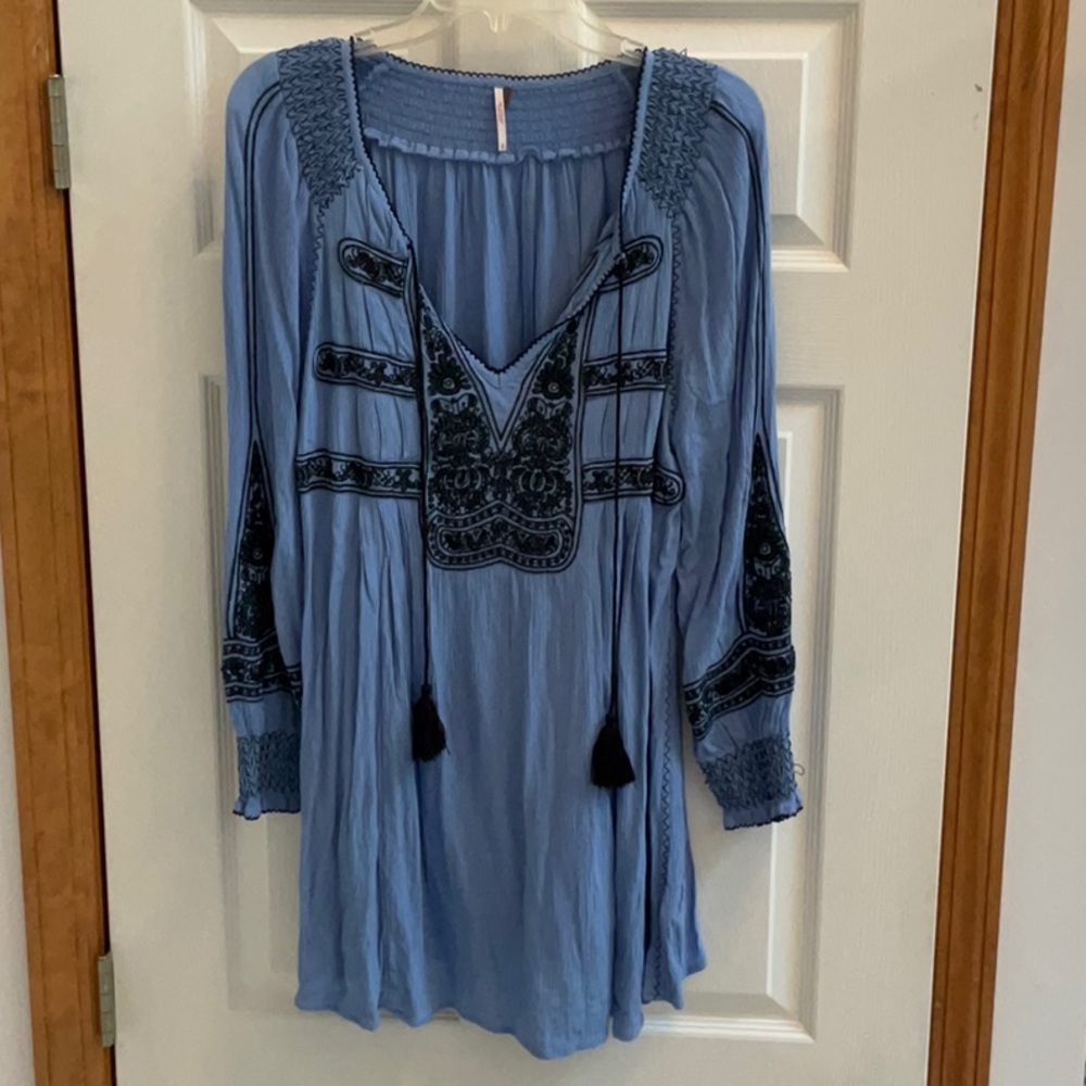 Free People Wind Willow Blue Embroidered Mini Trapeze Dress- Size Small